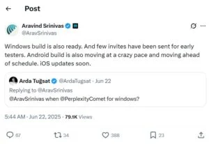 Aravind Srinivas, Perplexity AI, hints at Comet's arrival on Windows devices